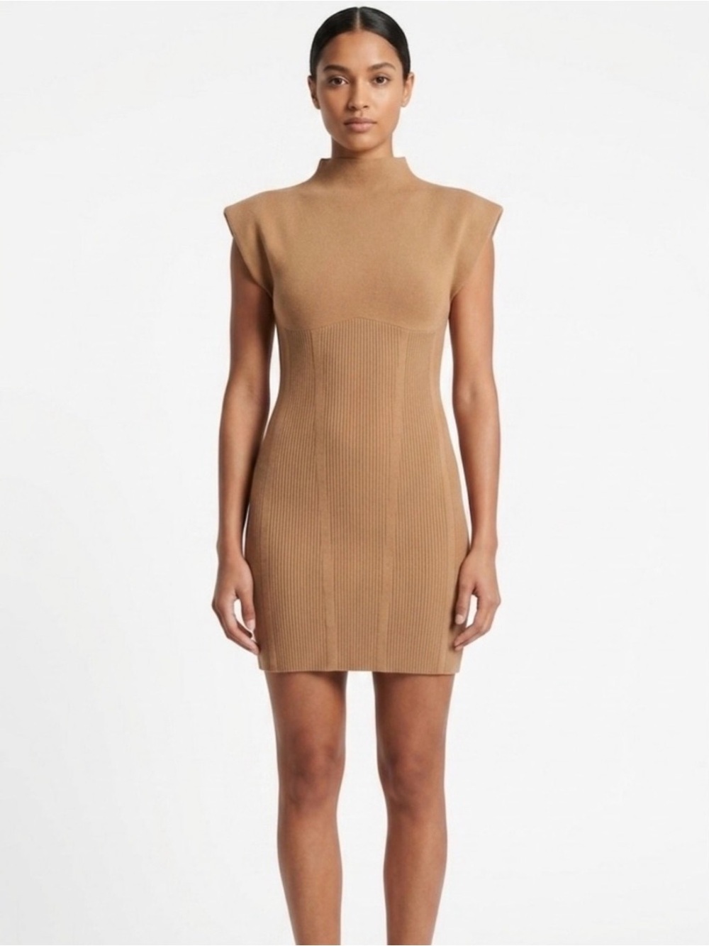 Anthropologie Ribbed Camel Mock-Neck Mini Dress